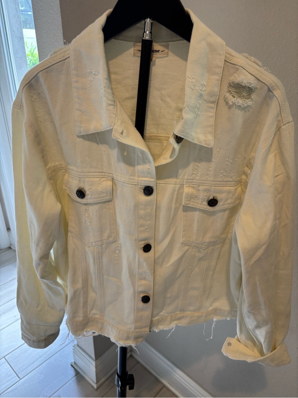 Eesome White Distressed Denim Jacket Small Raw Hem Cropped Button Front